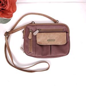 MultiSac Zippy Triple Compartment Two Tone Tan & Wine Adjustable Crossbody EUC